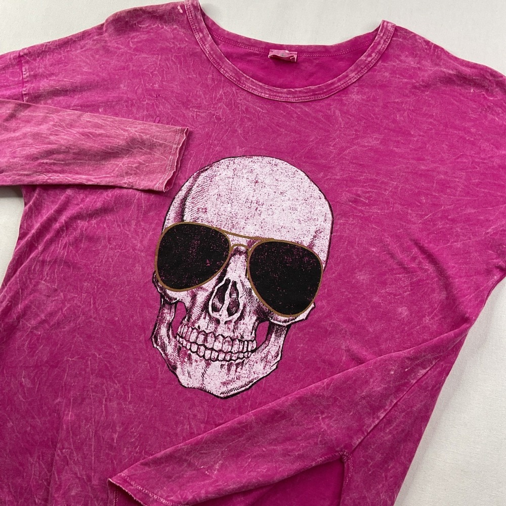 Blue Buttercup Boutique T-Shirt Women Sz L Tie Dye Long Sleeve Skull Glasses Y2K